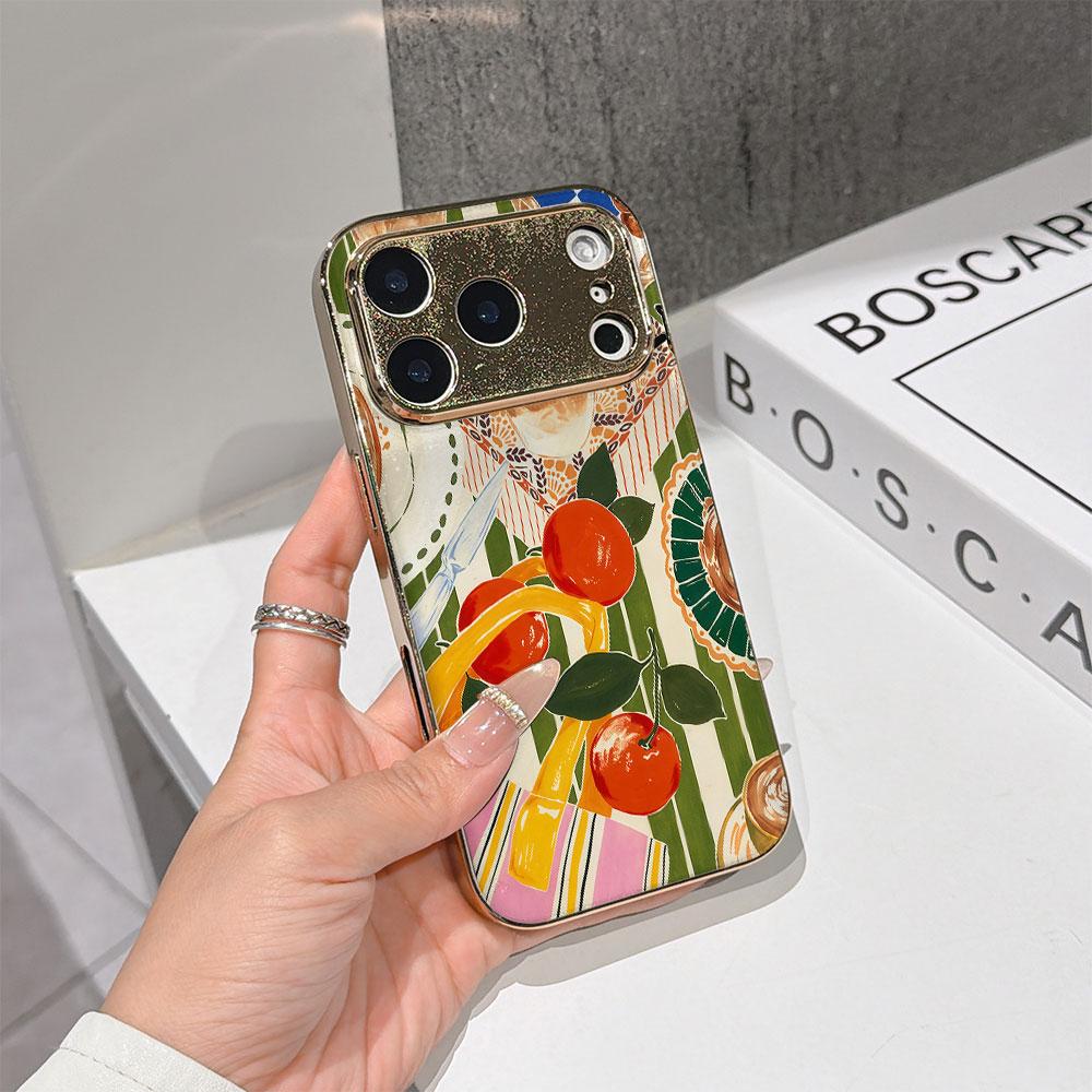 Lucky Start Phone Case For iPhone 17 16 15 14 13 12 11 Pro Max 16E Gold Electroplated Glass Shell Citrus Picnic Cover