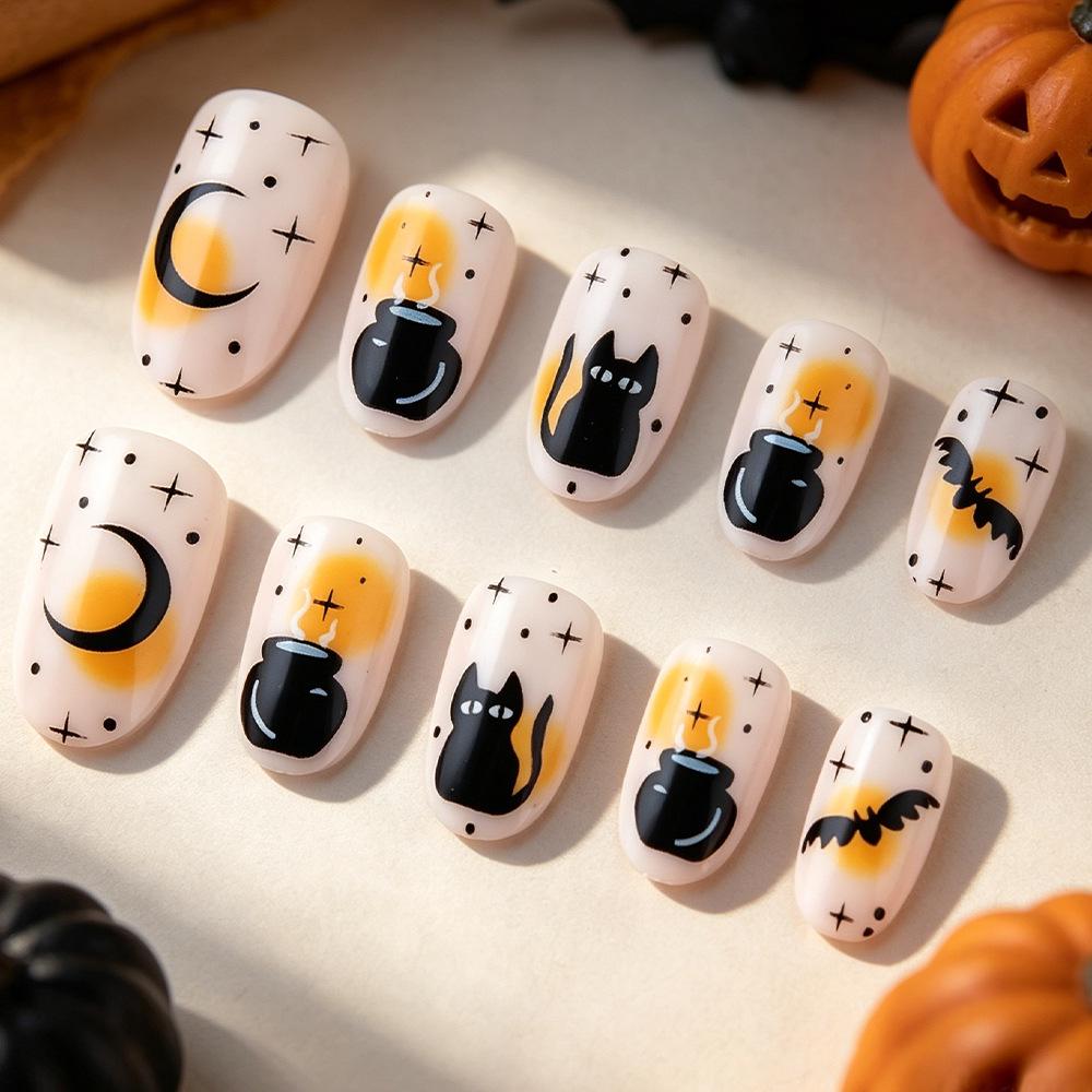 Glossy Black Cat & Bat Moon Halloween Nail Stickers – 24 Piece Set