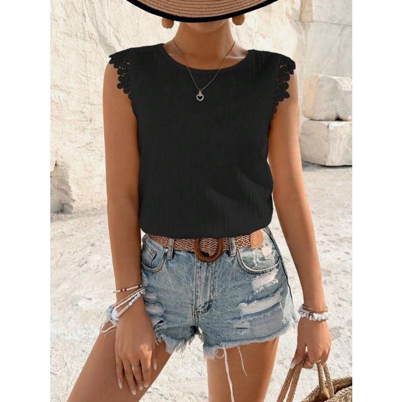 V-hals Rugloze Patchwork Uitgesneden Kant Blouse Zomer Nieuwe Kraag Vest Top voor Dames Losse Mouwloze Shirts Zoet Effen Kleur Casual Losse Kleding