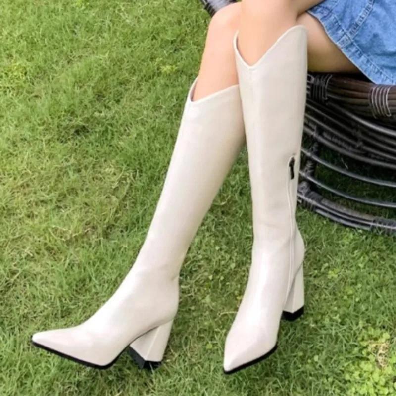 Fashion Women's High Boots PU Leather Solid Color Stage Catwalk High Heel Fashion Boots 2024 New Pointed Women's Thick Heel Knight Boots
