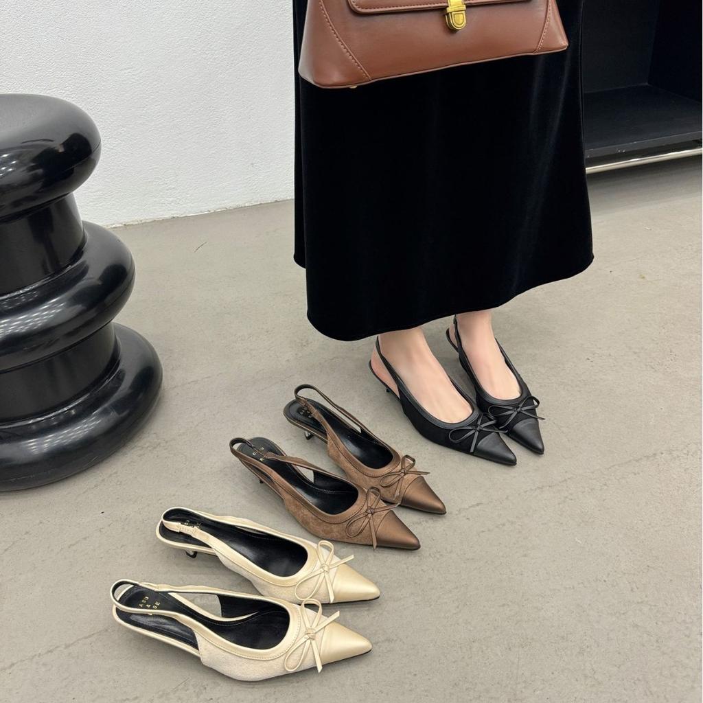 2025 Spring and Autumn New Light Mouth Pointed Head Thin Heel Medieval Shoes Bow Single Shoes with Color Matching Thin Heel