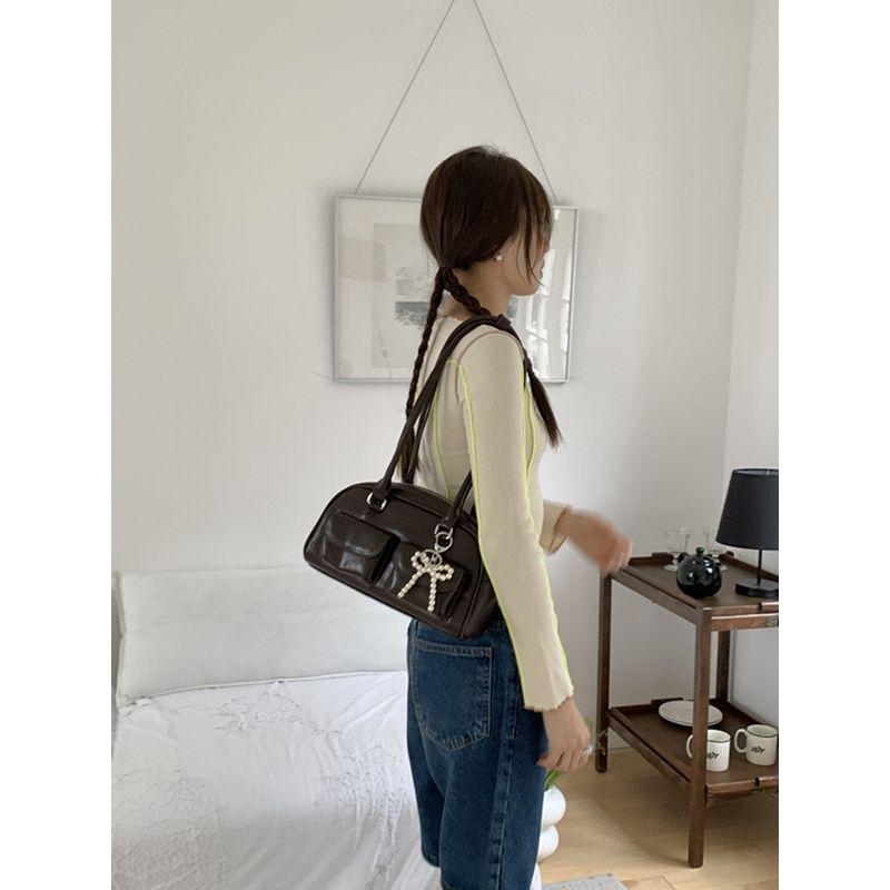 

Obesity Homemade South Korea Ins Black Retro Shoulder Bag Pure color PU-Brown