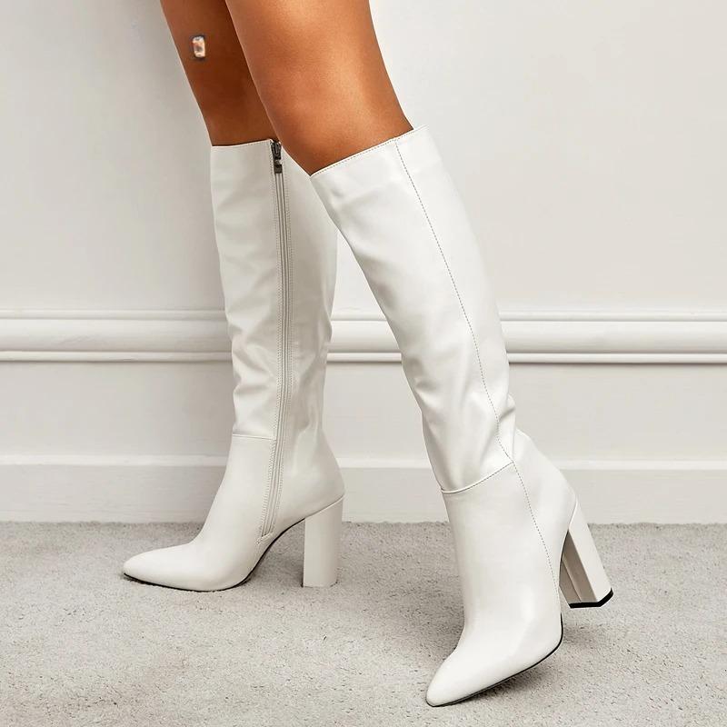 Women's Mid-Calf Boots Fashion Knee-High Boots Elegant Street Style Pointed Toe Women Shoes Chunky High Heel Zipper Long Booties