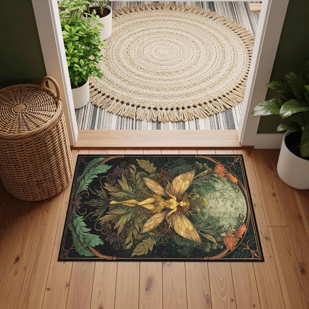 Vintage Feenpilz Sonne Mond Wirbel Himmel Blumiger Rand Rutschfester Teppich Cottagecore Hexe Waschbarer Innenraumteppich