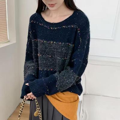 Retro Color Block Striped Sequin Jacquard Knit Sweater - High-End Round Neck Pullover for 2025 Autumn/Winter