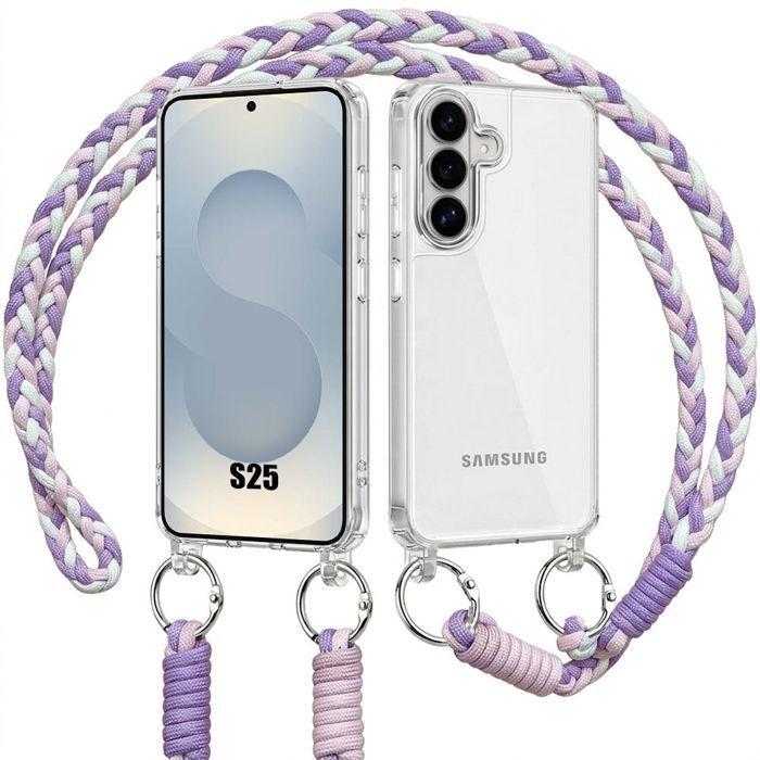 Coque Rigide - BOOLING - pour Samsung Galaxy S25 - Antichoc Transparent avec Cordon Blanc Violet