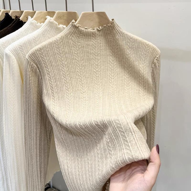 Women's Autumn Winter White Pullover Base Layer Sweater with Ruffled Trim - Half-High Neck Knit Inner Wear Top for Spring and Autumn