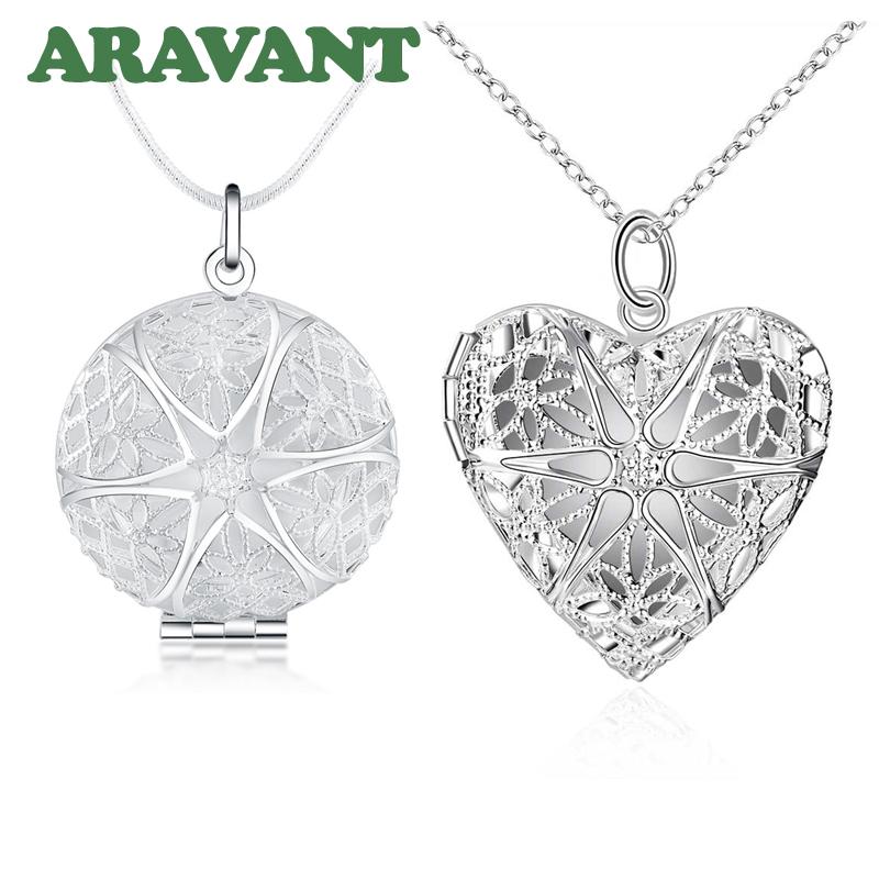 2 Pcs 925 Silver Necklaces Chain For Women Heart /Round Photo Frame Pendant Necklace Men Fashion Jewelry