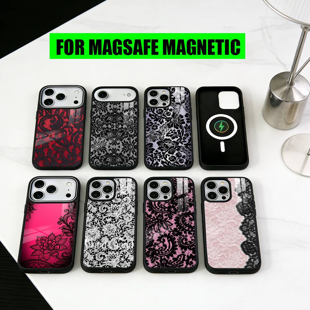 Beautful Black L-lace Print Phone Case For iPhone17,16,15,14,13,12,11 Plus,Pro Magnetic For Magsafe Wireless Charging