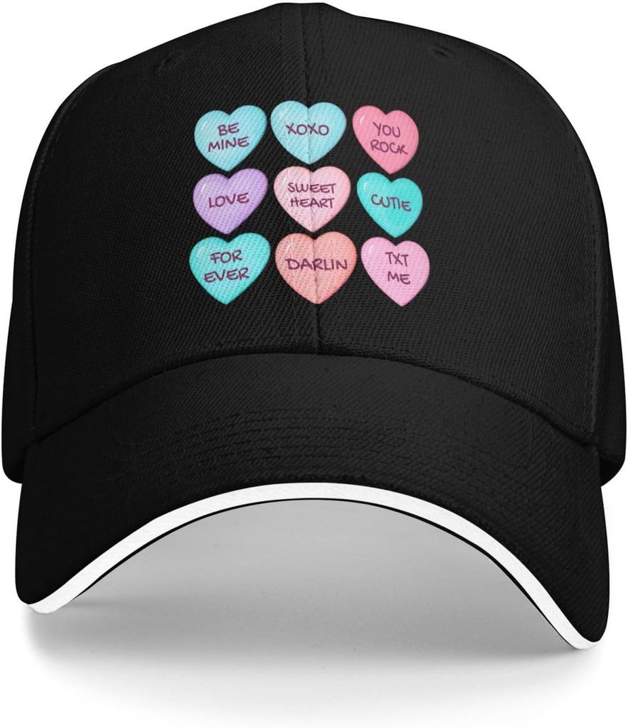 Candy Hearts Themed Baseball Cap Polyester Casual Sun Protection Adjustable Hat for Unisex