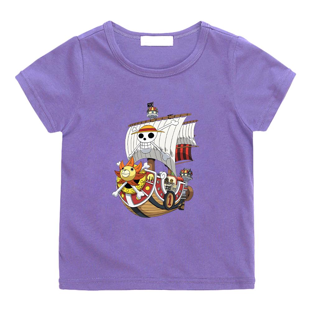 One Piece Pirate Ship Cartoon Print T-Shirt 2026 Summer New Popular Anime Printed American Casual Children Short Sleeved High Quality Cotton Boy Top