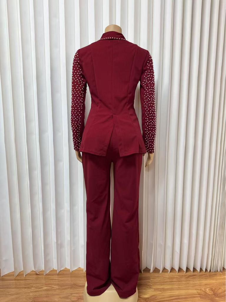 Elegant Rhinestone Long Sleeve Low-Neck Slim Fit Two-Piece Pant Suit