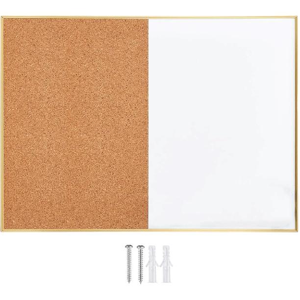 Okydoky Cork Board White Board Combo, Small Size 10.6" x 14.6" Magnetic Dry Erase Board/Bulletin Combination Board, Gold Aluminum Frame, for Home,