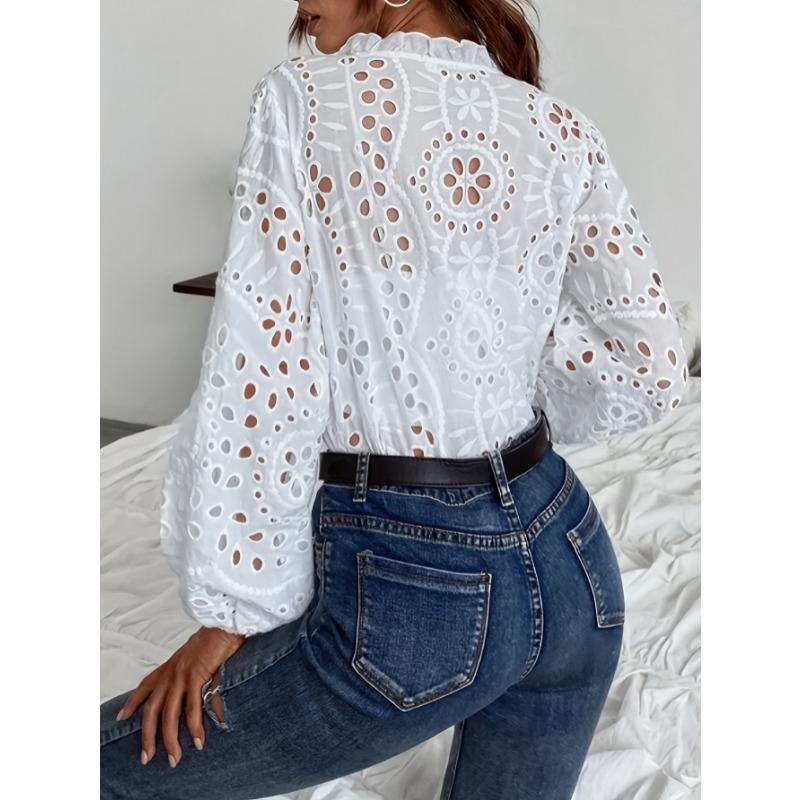 2026 New V Neck Long Sleeve Hollow Out Lace Shirt Fashion Women Office Lady Stand Collar Ruffle Blouse New Loose Elegant Sweet Solid Color Top