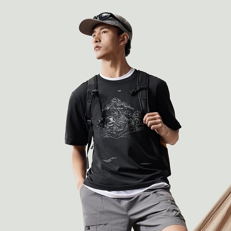 Li Ning CF Rundhals Genser Bokstavtrykk Mønster Kortermet T-skjorte Herre T-skjorter Svart ATSU595-2