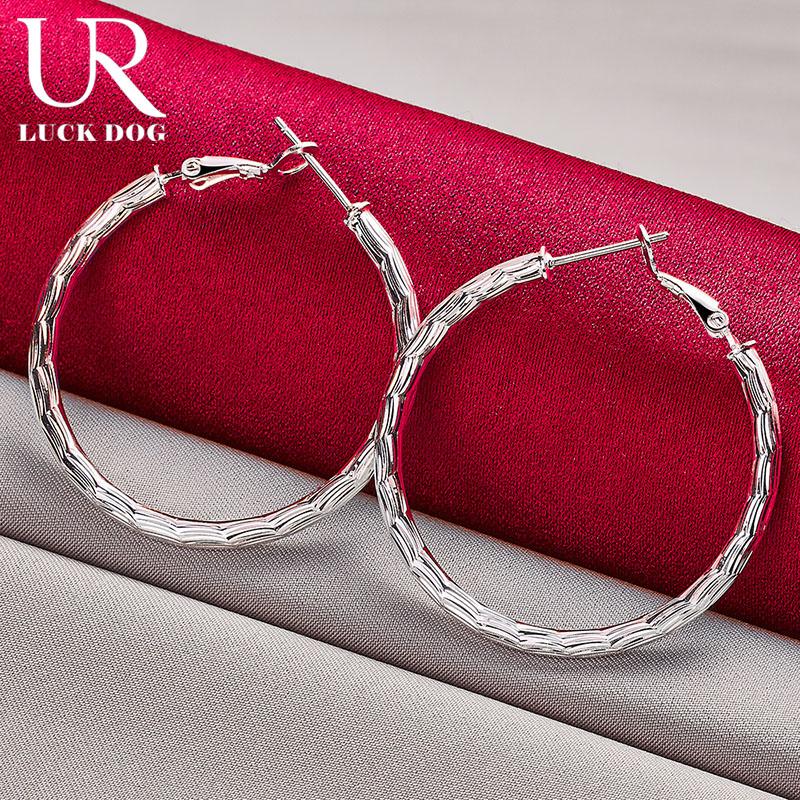 925 Sterling Silver Patterned Round 40mm Earrings for Fashionable Wedding Jewelry