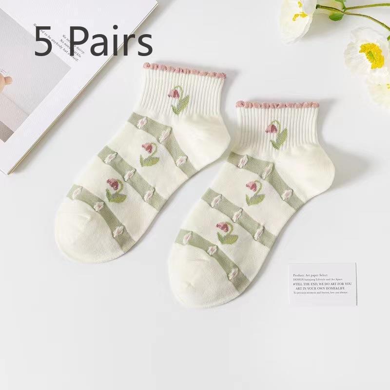 5 Pairs of Female Preppy Green Small Fresh Short Boat Socks