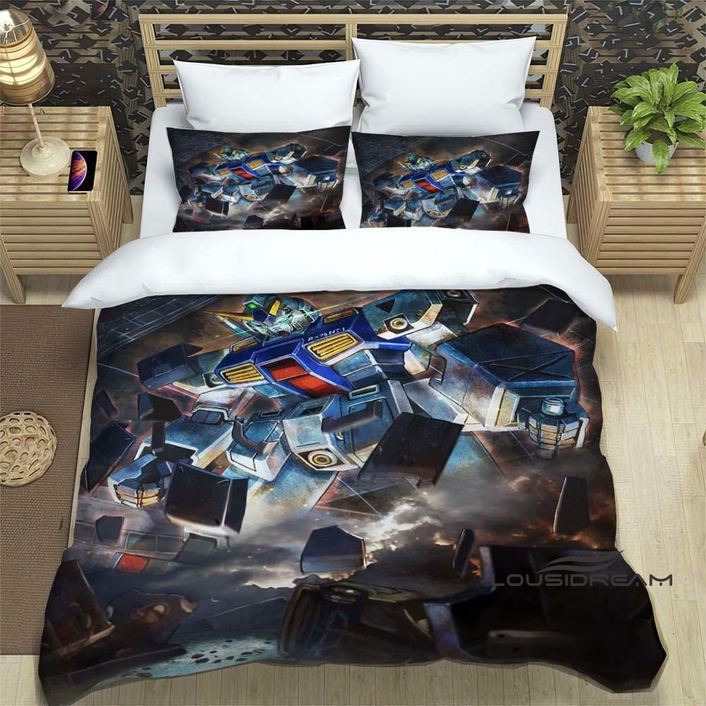3D Printed Cartoon Gundam 3-Piece Bedding Set: Duvet cover set suitable for adult boys and girls bedroom décor, children's gift,