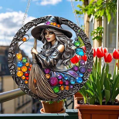 Halloween Witch Black Cat Hanging Sign 2D Flat Acrylic Broom Witch Round
