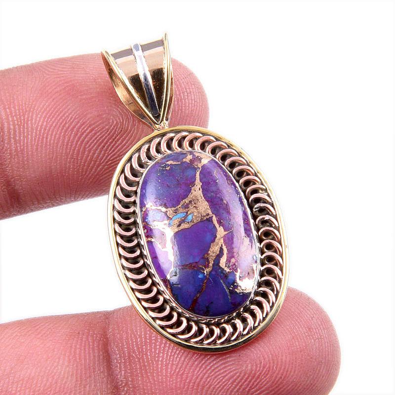 

Natural Purple Copper Turquoise 925 Solid Silver Gift TwoTone Pendant 1.5 e5e25