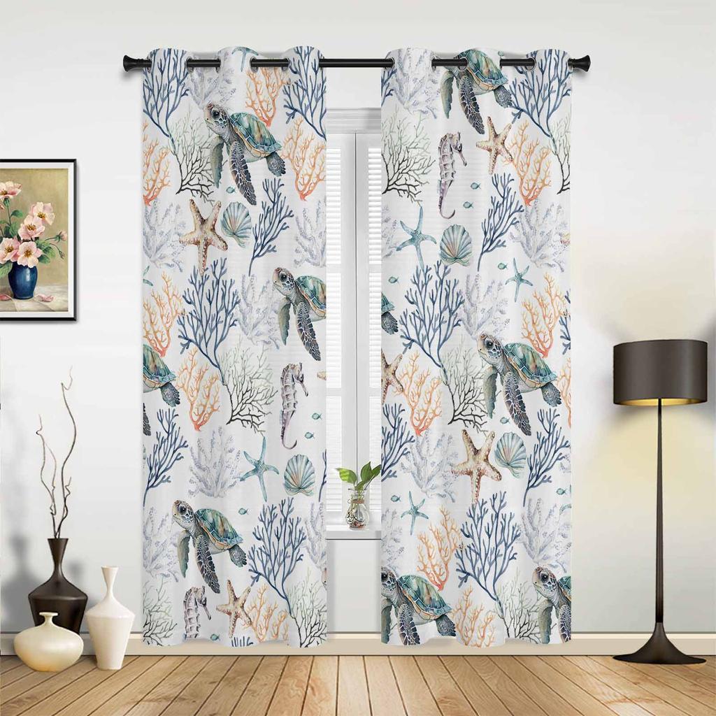 Summer Ocean Turtle Coral Window Curtains for Living Room Luxury Bedroom Curtain Kitchen Blinds Drapes Curtains
