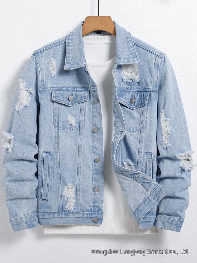 Men's Spring & Autumn 2025 Slim Fit Ripped Denim Jacket - European & American Street Trend.