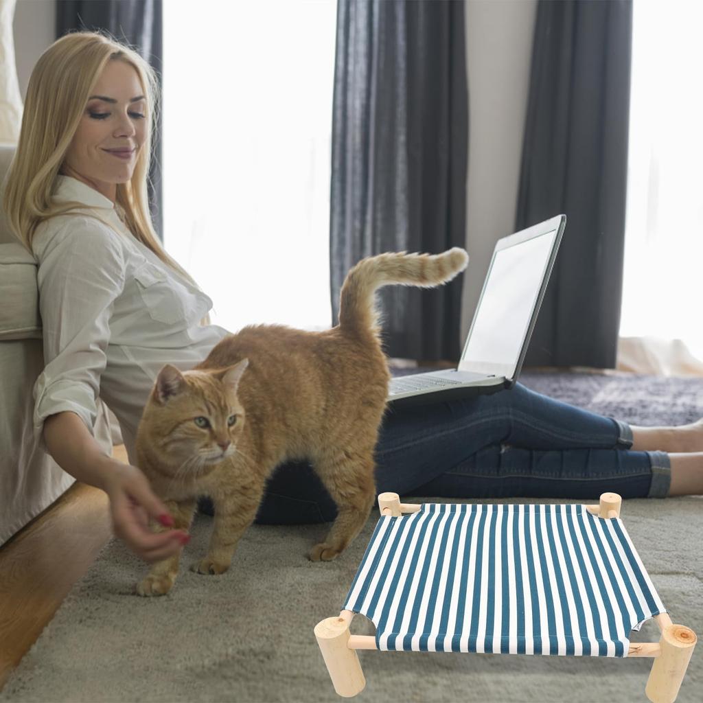 NOLITOY Cat Bed Summer Pet Freestanding Stylish Cat Cat Sleeping Scratching Blue Hammock, Bed, Wooden, Breathable, Striped, Hammock, Sofa, Area, Area,
