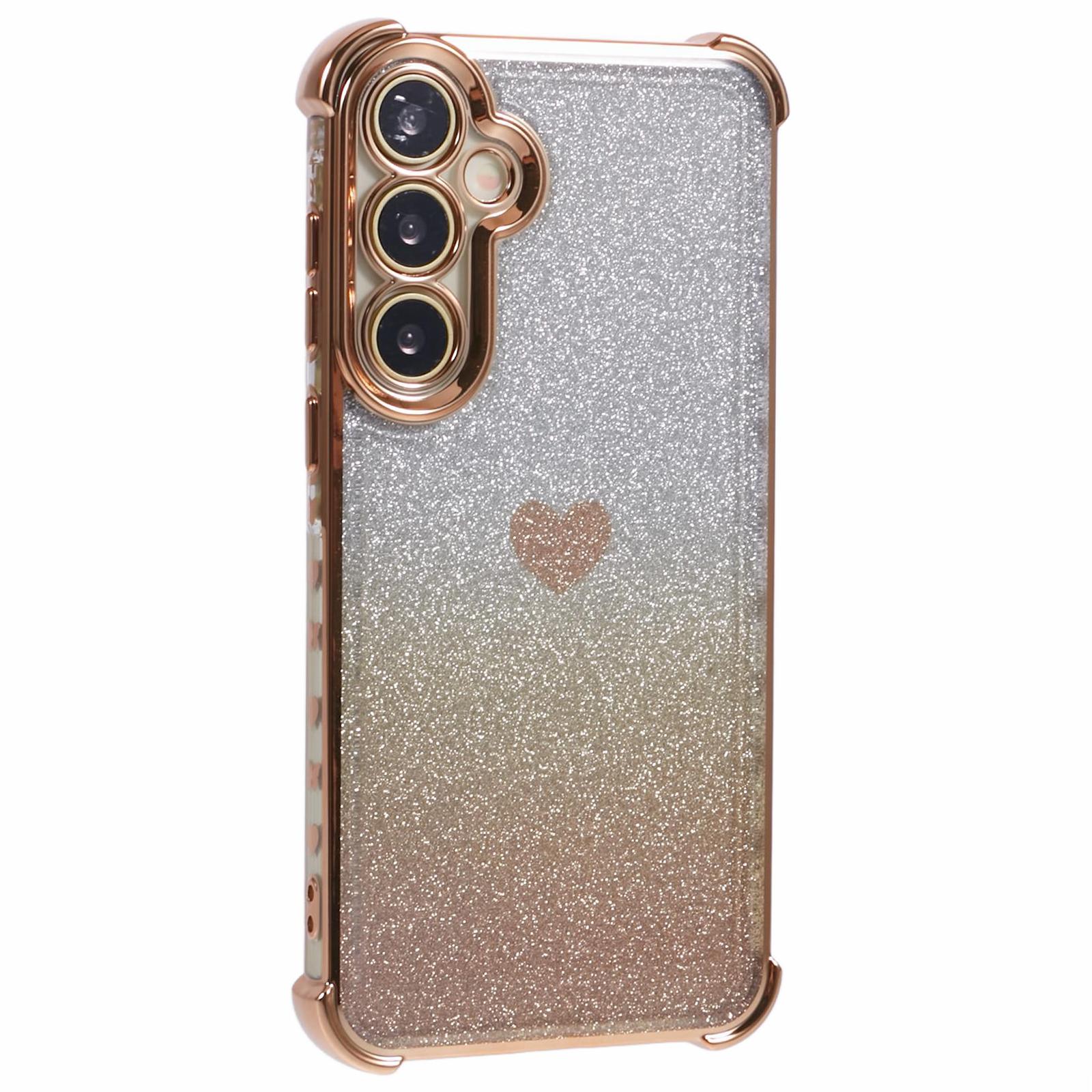 

For Samsung Galaxy A55 5G Phone Case Gradient Glitter Heart Electroplating TPU Back Cover Gold