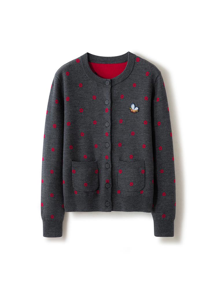 Xiao He Women's Fine-Spun Wool Cardigan with Small Floral Pattern for Spring/Autumn 2026