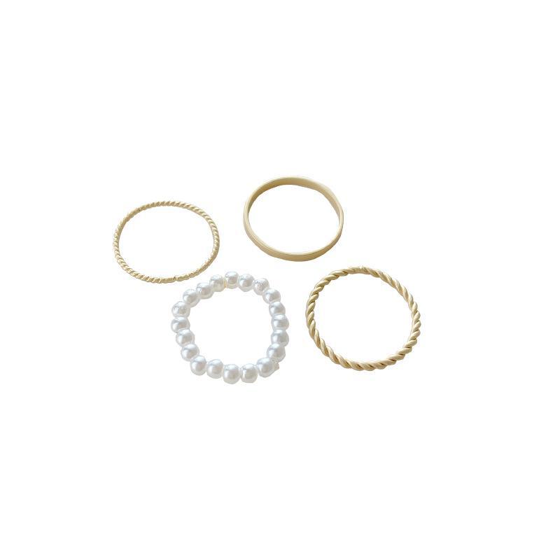4-Pack Cold Style Pearl & Gold Matte Stacking Rings for Women