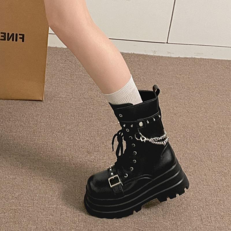 Fashion Platform Thick Gothic Boots Women Buckle Autumn Shoes Wedges Mid-calf Boots Punk StyleStreet Cosplay Chain Motorcycle Botines
