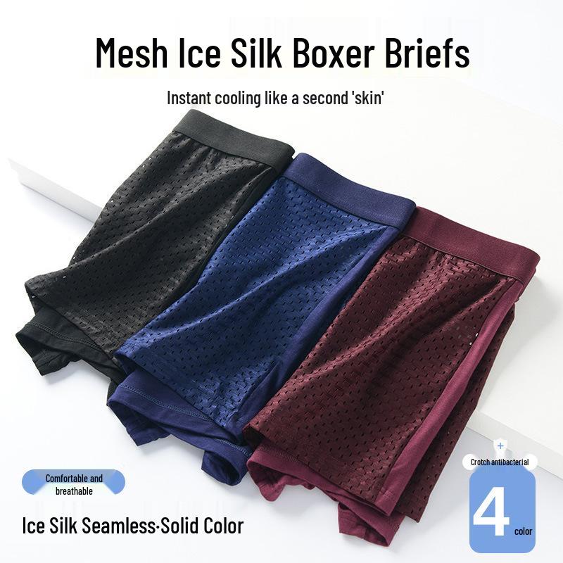 Men's Black Ice Silk Mid-Waist Breathable Mesh Boxer Briefs