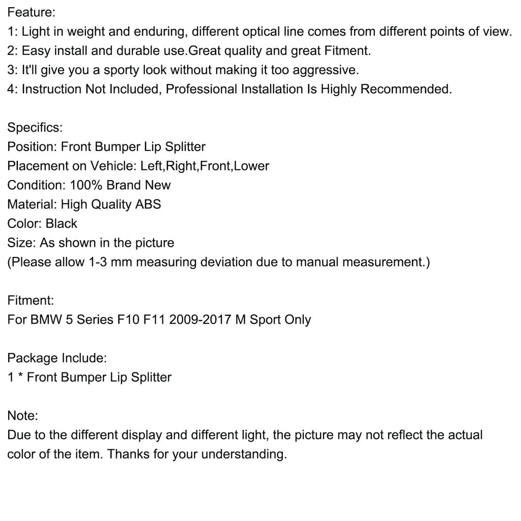 Gloss Black Front Splitter Lip Diffuser Fit BMW 5 Series F10 M Performance