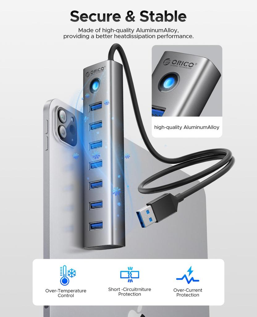 ORICO USB Aluminum Multiport 5Gbps Data 5V 3A Port Splitter for Portable Hard USB and More 7-Port 3.0 Hub, Adapter, Transfer, Type-C PC, Laptop,