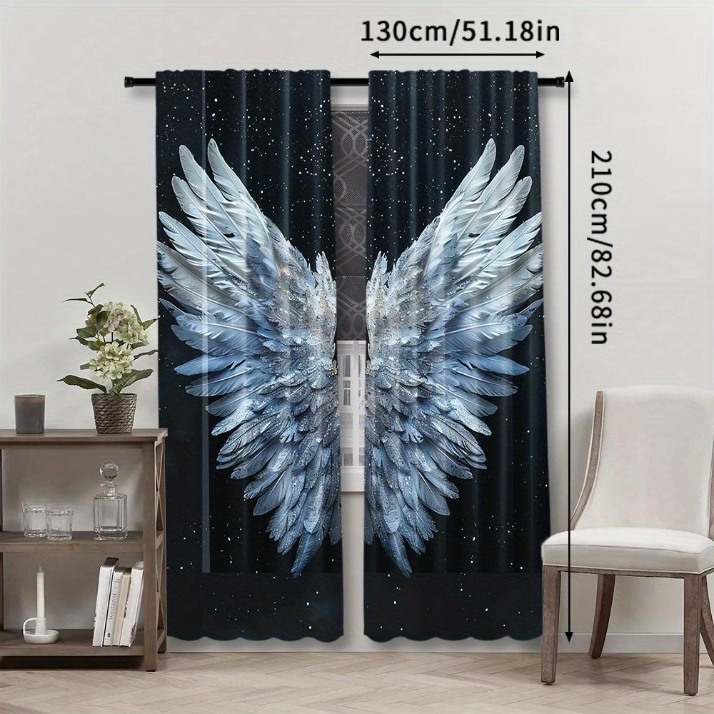 2pcs Angel Wings & Stars Black Curtains - Rod Pocket   Digital Print Polyester Drapes for Living Room   Bedroom   Kitchen   Study   D