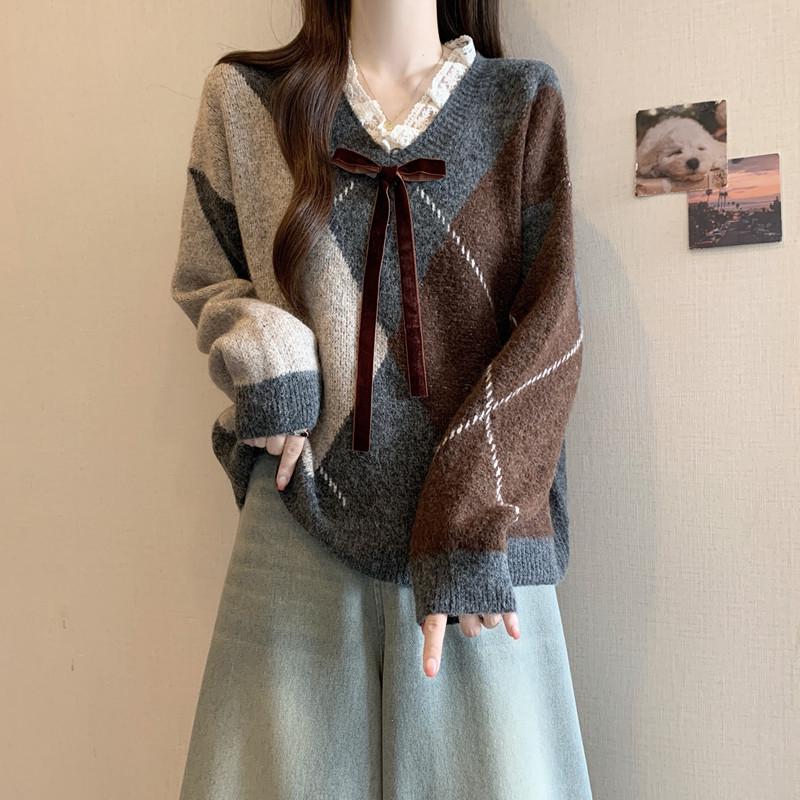 Women's Wine Red Argyle Knitted Sweater with Lace Bow - 2025 Autumn/Winter Retro Collection