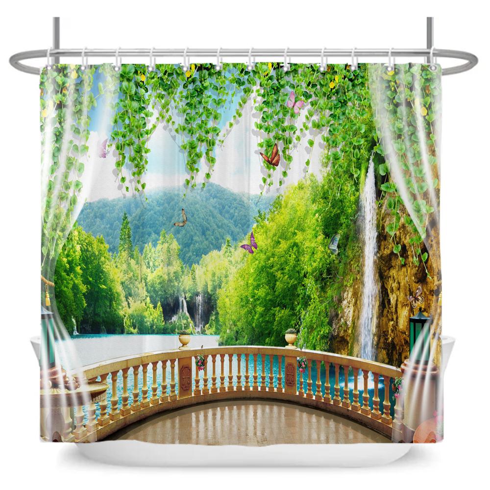 3D Forest Waterfall Landscape Bath Curtain Window Scenery Curtain Spring Nature Rainforest Shower Curtains for Bathroom Decor