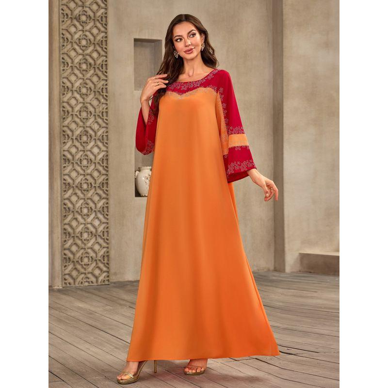 Cross-Border Women clothes Dubai Moroccan Robe Middle East Hot Drilling round Neck Loose Contrast Color Plus size dresses Dress