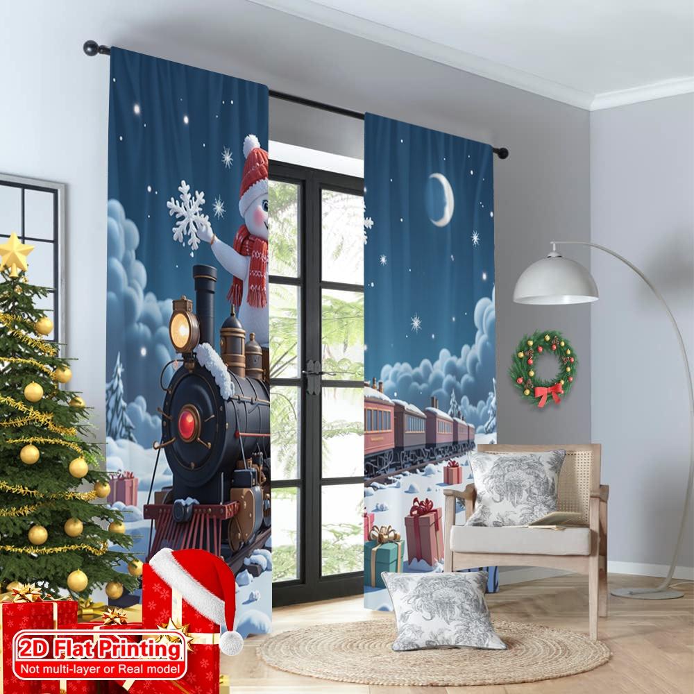 2 Stück 2D Flachdruck Frohe Weihnachten Beliebte Party Fenster Vorhänge Weihnachtszug Schneemann Geschenke Polyester Ohne Strom