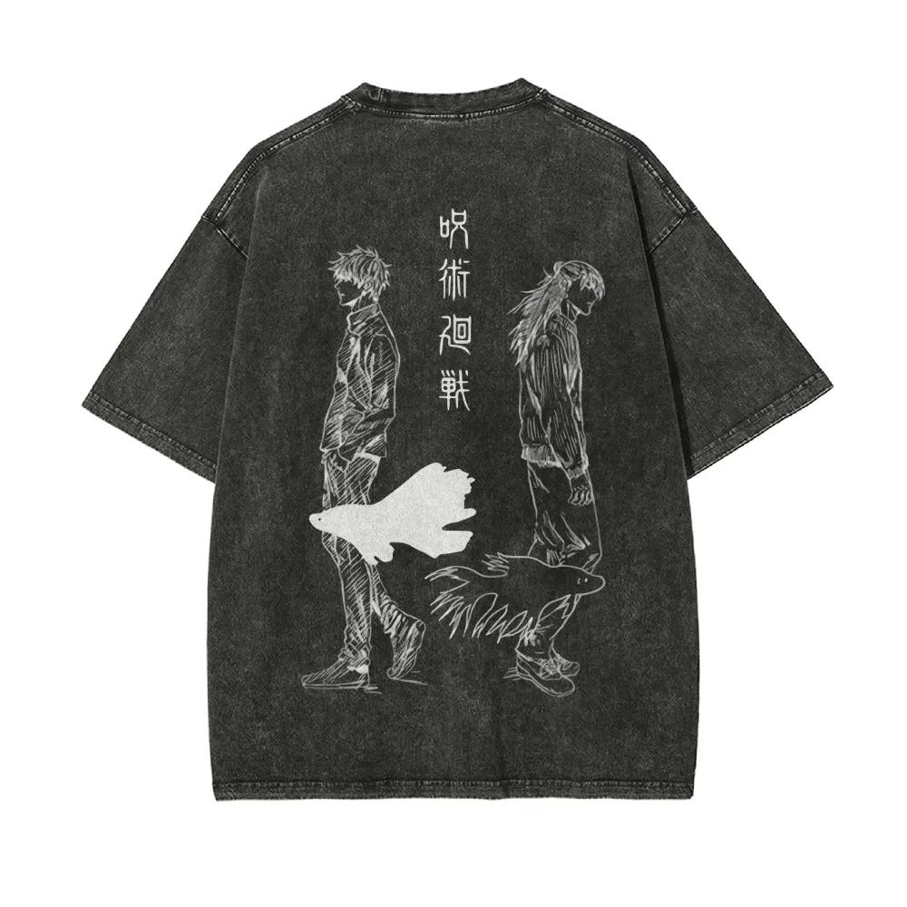 Unisex Gojo and Geto T Shirt Jujutsu Kaisen Men Acid Wash Back Print Fish Anime Graphic Cotton Streetwear Sad Duo Vintage Bootleg Tee