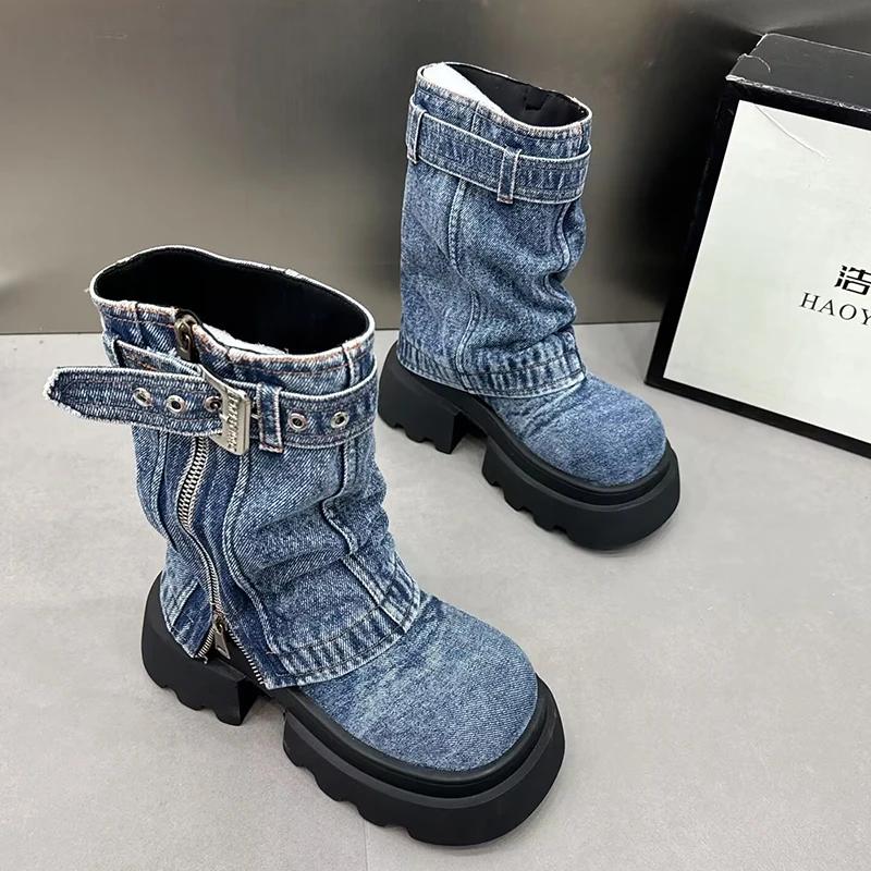 Women Cowboy Mid-calf Boots Zipper Platform Mid Heels Designer Shoes Winter New Motorcycle Boots 2025