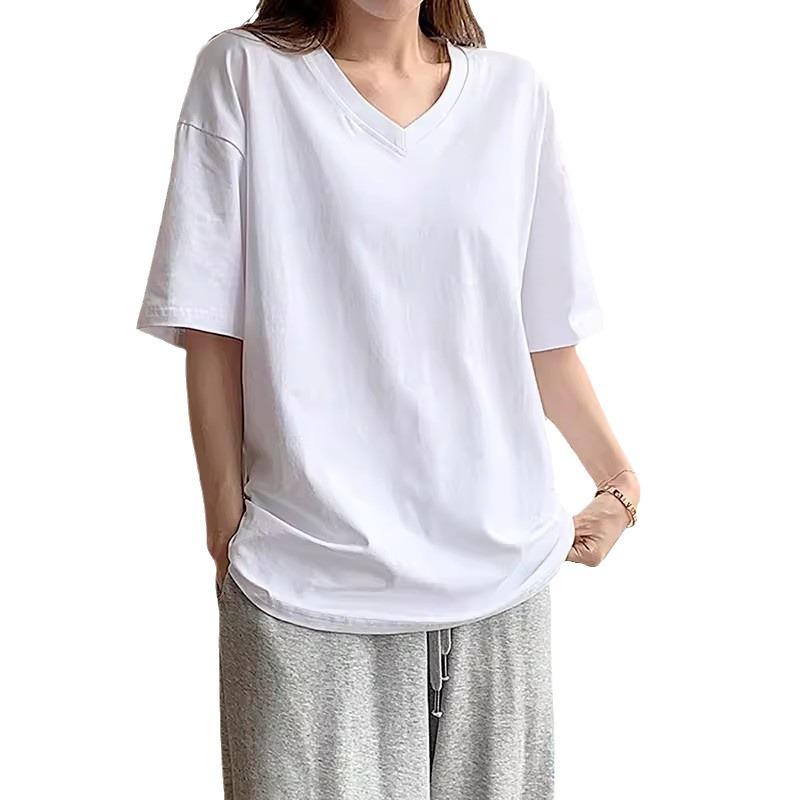 Women's Plus Size White V-Neck Loose Fit Cotton T-Shirt, Short Sleeve, Hong Kong Chic Style.