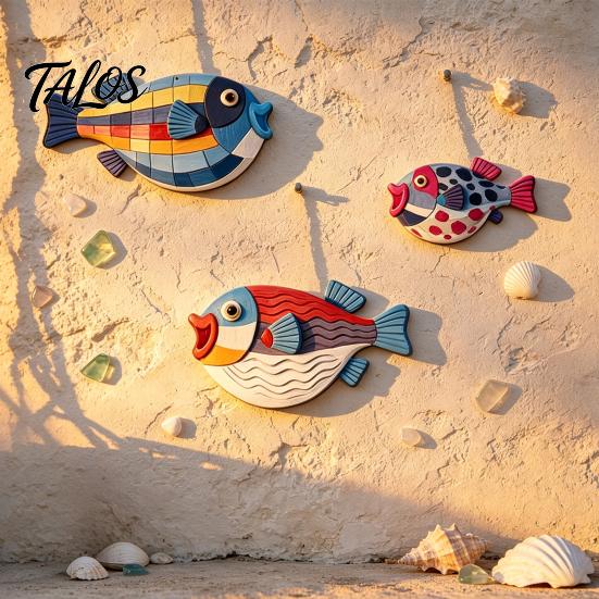 Kids Room Wall Accents 3Pcs Wooden Fish Art, Nautical Hanging Ornaments, Rustic Ocean Style Sea Life Ornaments Sculpture, Coastal Decorations