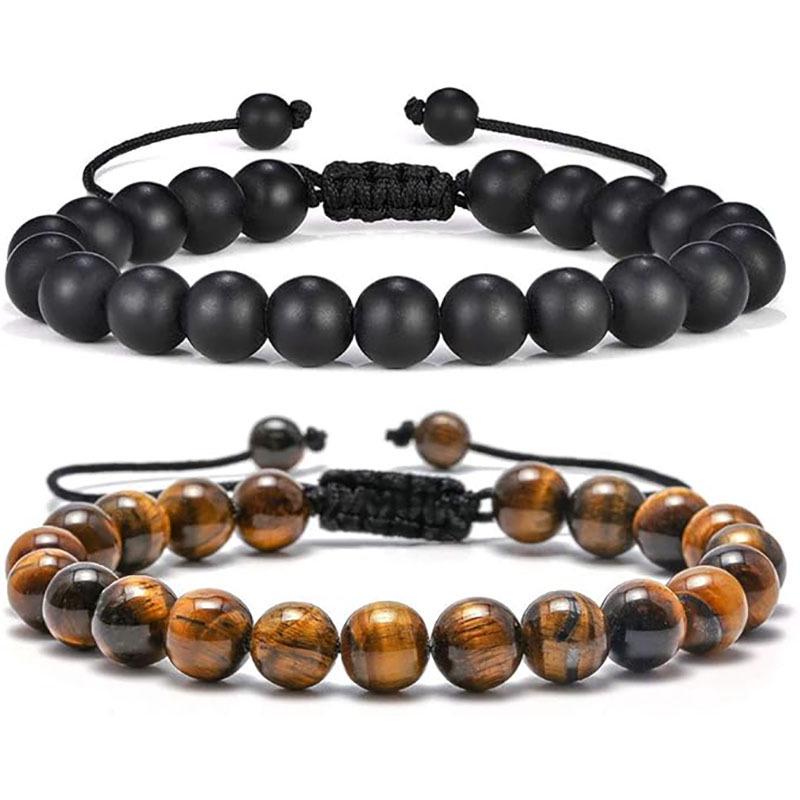 Pulseira Tecida Masculina Olho de Tigre e Pedra Vulcânica - Presente de Joia Feito à Mão, Contas de Ágata Negra de 8mm