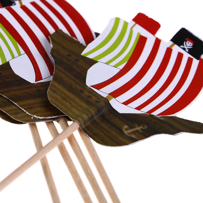 24Pcs Cake Toppers Pirate Theme Fruit Picks Insert Card Halloween Party Decor