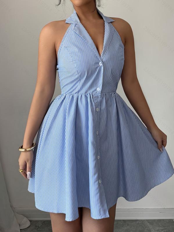 2025 European & American Summer Striped Halter Dress - Sexy & Stylish Vacation Wear