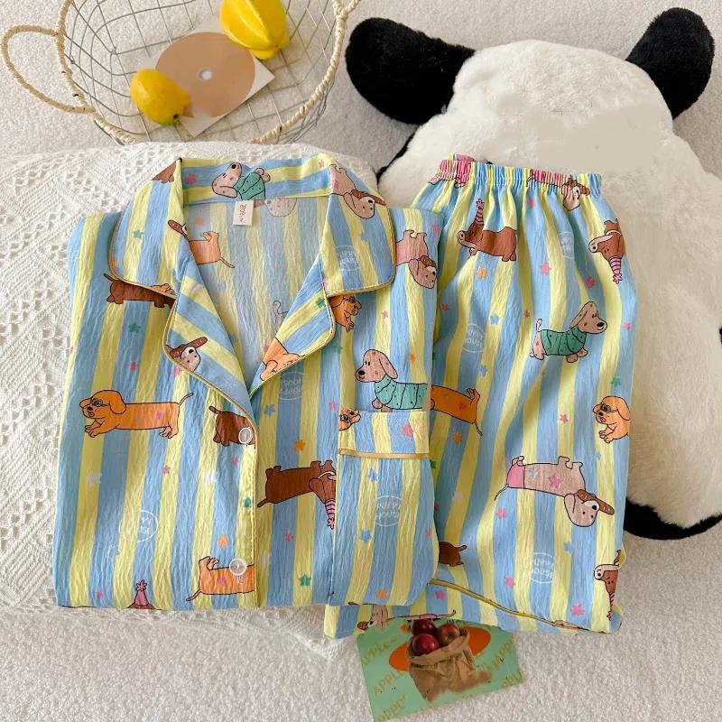 Star Striped Dog Print Kawaii Pajamas for Women Y2K Fashion Lapel Neck Women's Pajamas Summer Sweet Cute Home Wear Woman