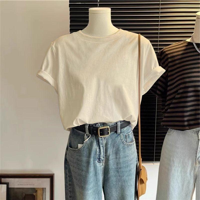 

Shoulder Crew Neck Casual Couple s Tops Short Sleeve T-shirt Apricot L