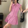 VONDA Summer Women Lapel Neck Sleeveless Buttons Up Ruffled Casual Tank Dress