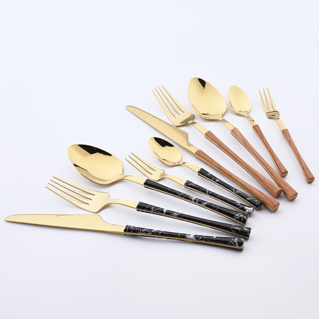 High Quality Black Gold Stainless Steel Dinnerware New Imitation Wood Handle Cutlery Set Knife Fork Coffee Spoon Tableware Kitchen Silverware
